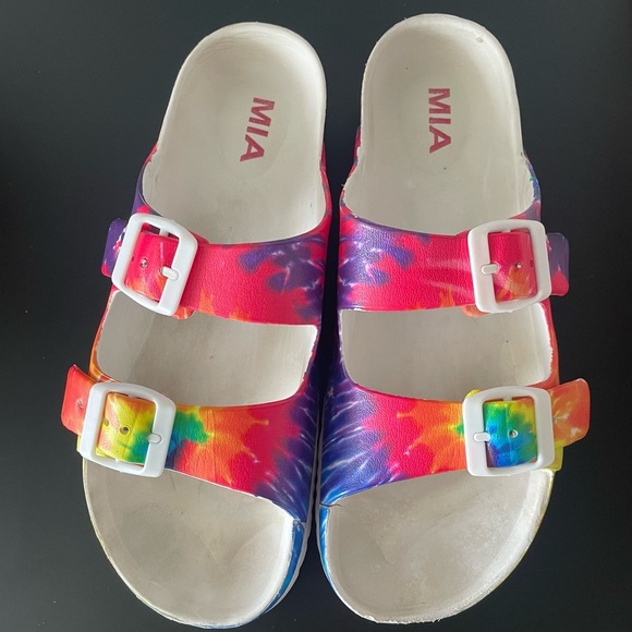 Mia 
•Women Comfortable White Multi Colored •Double Strap
•Slide On
•Tie Dye - Picture 1 of 4
